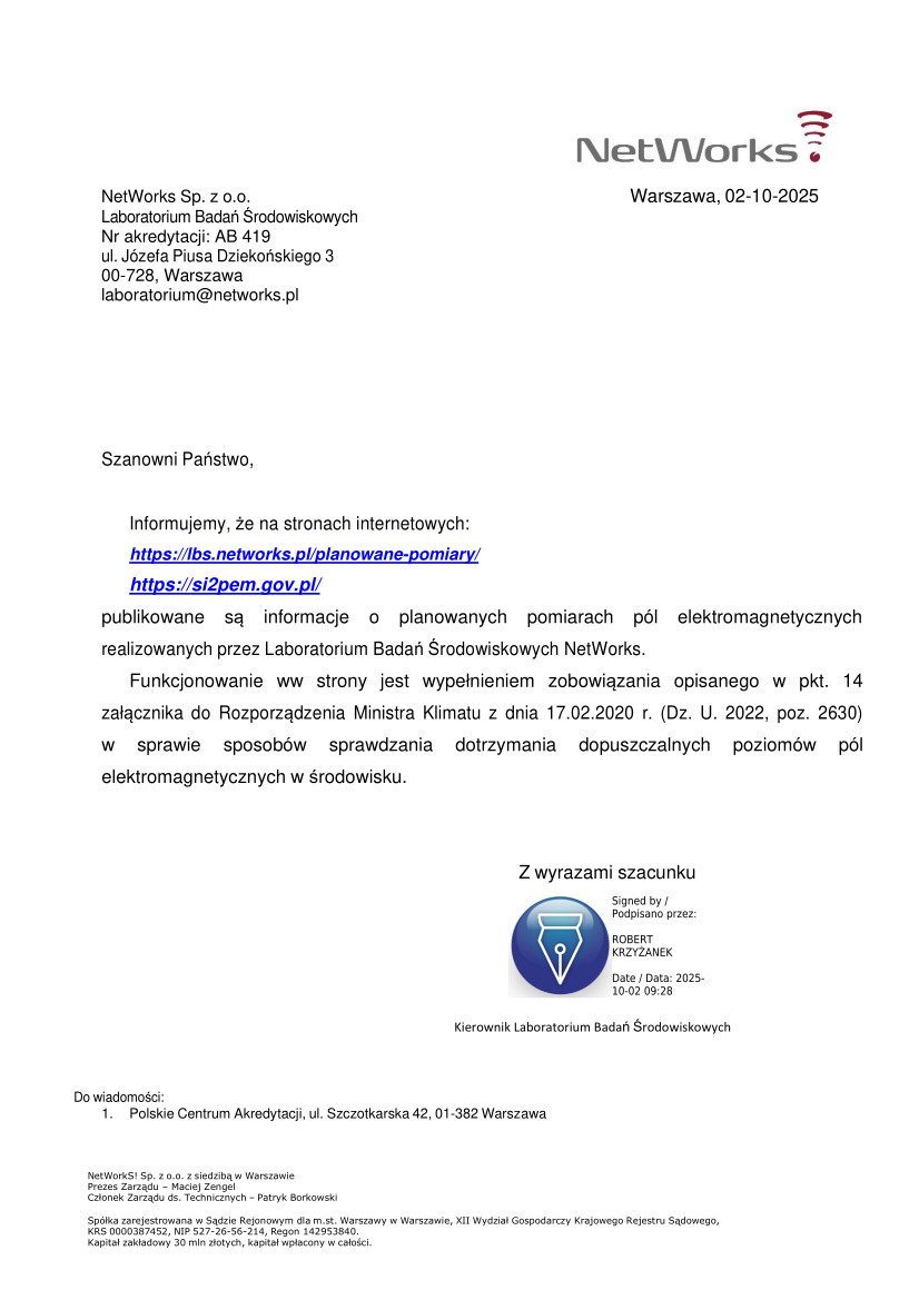 Planowanych pomiarach pól elektromagnetycznych realizowanych przez Laboratorium Badań Środowiskowych NetWorks